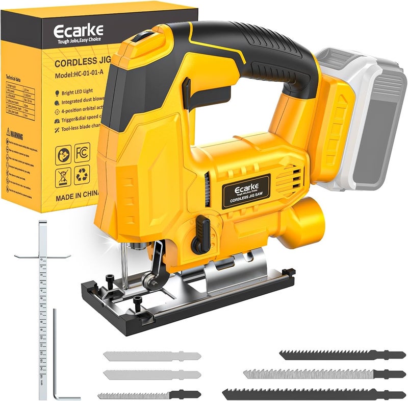 Ecarke Cordless Jig Saw Compatible With Dewalt 20V Battery (Only Tool), 4 Orbital Sets, 6 Variable Speeds Control, Dust-Blowing, ±45° Bevel Cuts, LED Light and 6PCS Blades For Cutting - Image 1